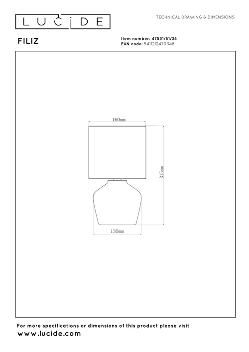 Lucide FILIZ - Lámpara de mesa - Ø 16 cm - 1xE14 - Beige - Essential - técnico
